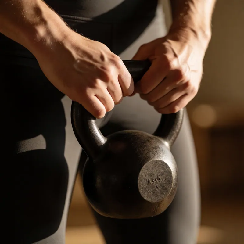A racked kettlebell at the start of a front squat in the functional training zone