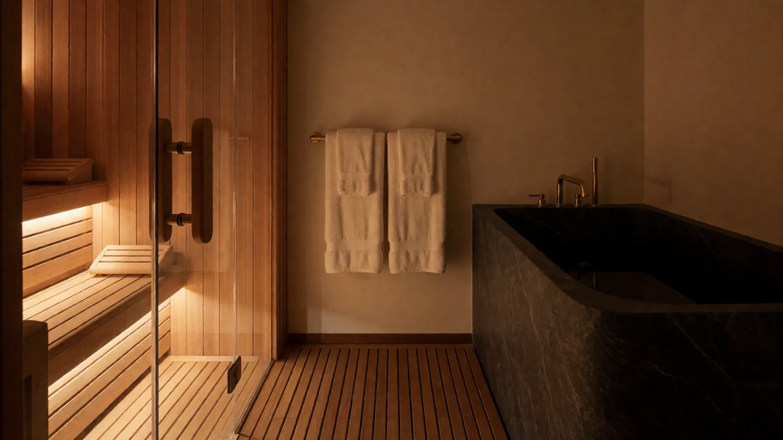 The cedar sauna and cold plunge in the recovery suite at Woodside Fitness